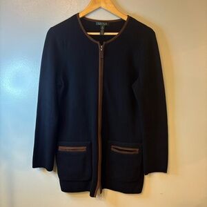 Ralph Lauren Black full zip cardigan with faux suede trim women’s size medium